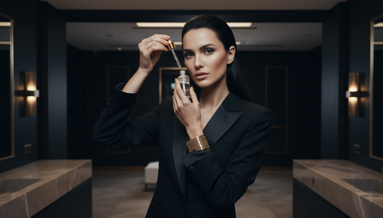 Woman applying skincare product in a dimly lit room