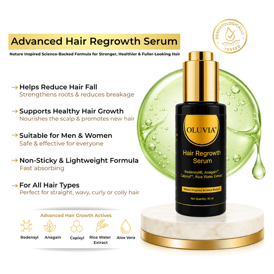 Oluvia Hair Regrowth Serum bottle displayed on a marble pedestal with a green water droplet background, alongside product benefits and ingredients on a white background.