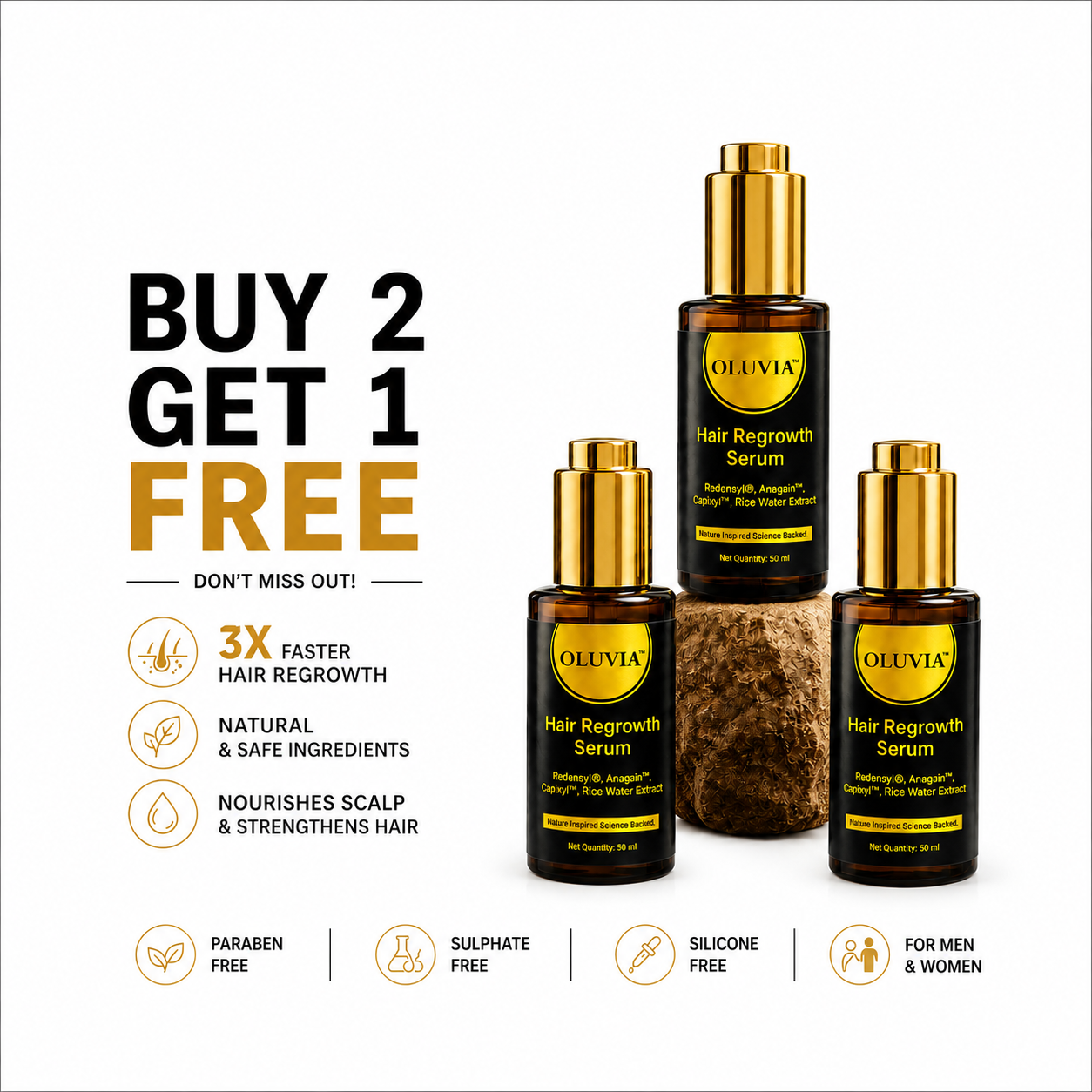 OLUVIA Hair Regrowth Serum – Buy 2 Get 1 Free (3 Bottles × 50ml)