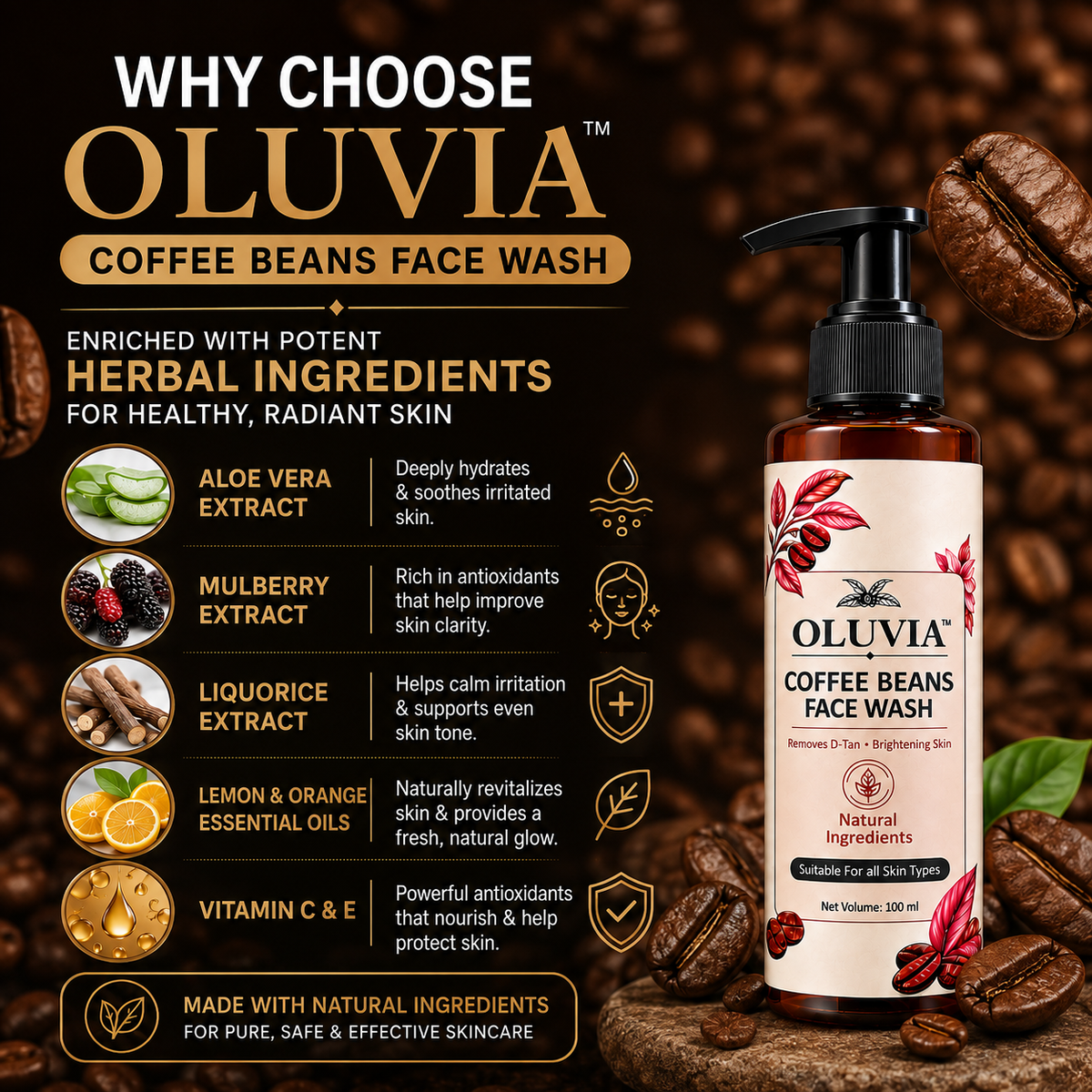 OLUVIA Coffee Beans Face Wash for Men & Women | De-Tan & Bright Skin Care